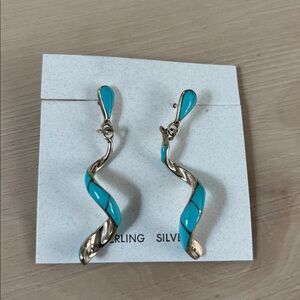New Sterling Silver and Man Made Turquoise Spiral Post Dangle Earrings